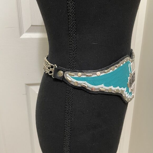 Vintage Harley Davidson Motor Cycles Leather Belt Studs Chain Biker RARE Painted main image 13